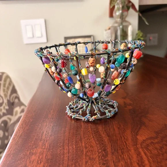 Handmade Wire Bowl/Art Glass Bead Basket - Boho Home Decor - Picture 7 of 7